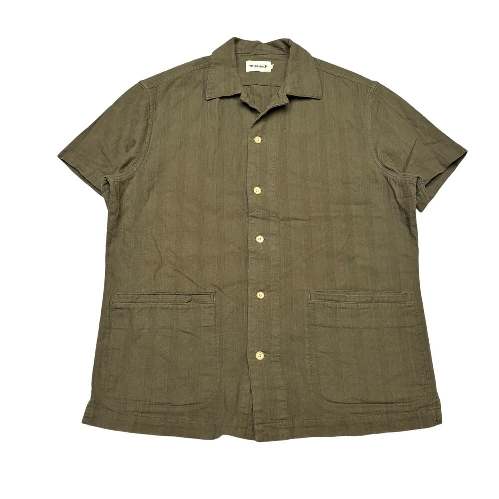 Taylor Stitch Havana Short Sleeve Button Up Shirt Men's 38 Olive Jacquard Stripe